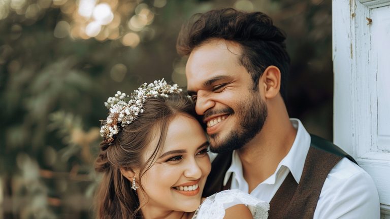 Couple in wedding attire with bride wearing a floral hair accessory.