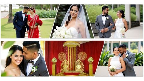 A collage of wedding photos showing a bride and groom in traditional and western attire, smiling and posing together, with a decorated wedding stage in the center.