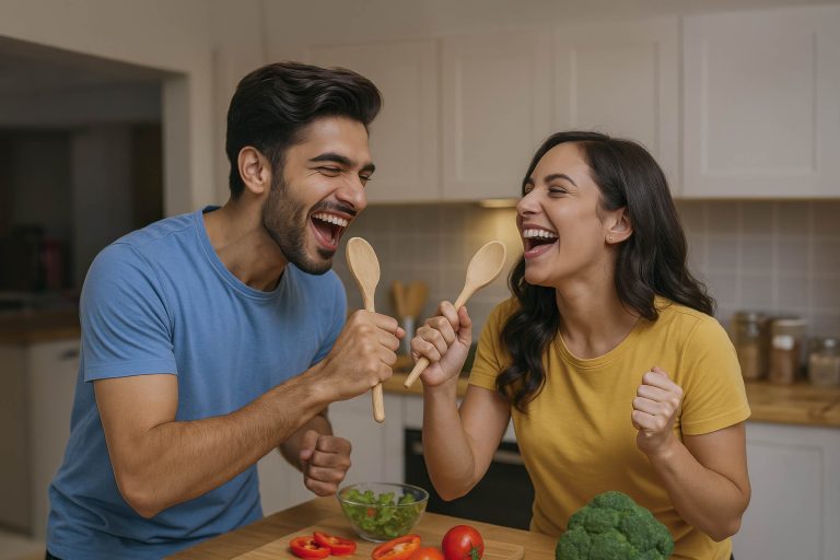 A couple joyfully laughing together while preparing and eating vegetables in a bright kitchen.