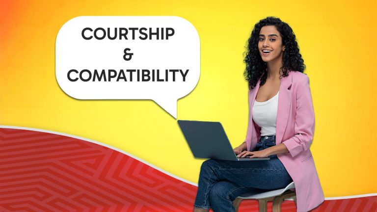 A woman in a pink blazer sits with a laptop, smiling, with a speech bubble reading "Courtship & Compatibility" against a yellow and red textured background, representing SriLanka matrimony and matrimony Sri Lanka, exploring marriage proposals Sri Lanka, and the traditions of a Poruwa ceremony.
