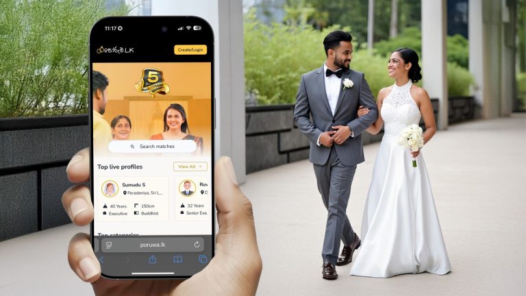 A person holds a phone displaying a matrimonial website, while a bride and groom walk hand in hand outdoors in wedding attire.