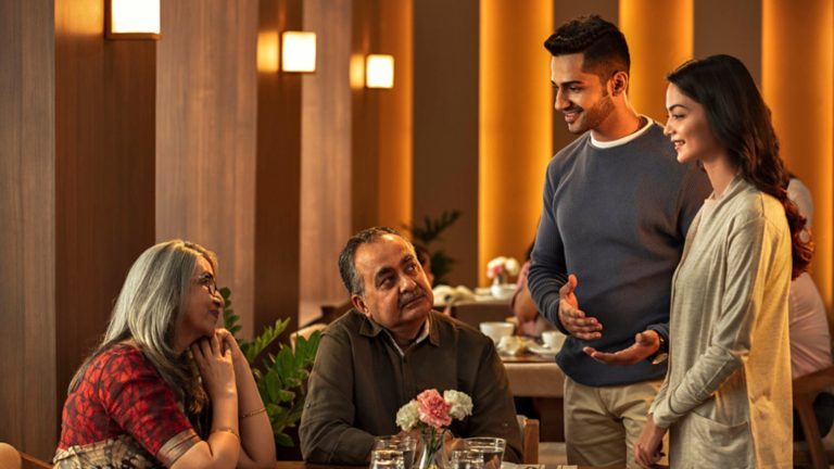 A man and woman engage in conversation with another couple at a restaurant table, reflecting modern ways lanka brides and grooms connect through marriage proposals in Sri Lanka, Mangala Yojana traditions, wedding proposal website options like poruwa.lk | ශ්‍රී ලාංකීය මංගල යෝජනා, Liyathabara marriage proposals in Sri Lanka, Catholic and Buddhist matrimony, Hitad marriage proposals, Purahanda LK, SriLanka matrimony, and trusted LankaMatrimony services.