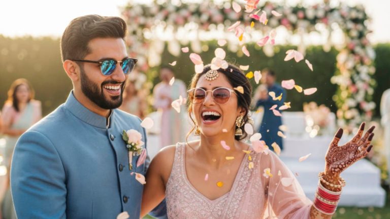 A smiling couple in formal attire stands outdoors under a floral arch as flower petals are thrown around them during a celebration.