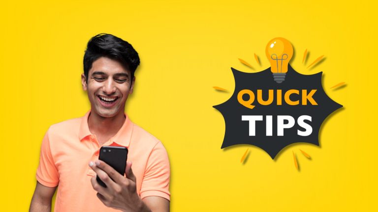 A smiling man in a peach polo shirt looking at his phone, alongside a “Quick Tips” light bulb graphic on a yellow background, representing helpful tips, mobile usage, and easy online guidance.